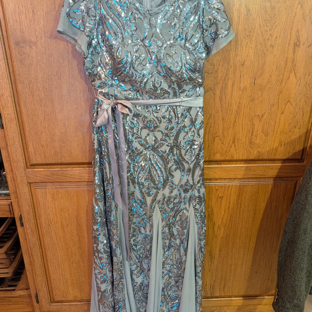 R&M Richards Silver and Light Blue Sequin Maxi Dress